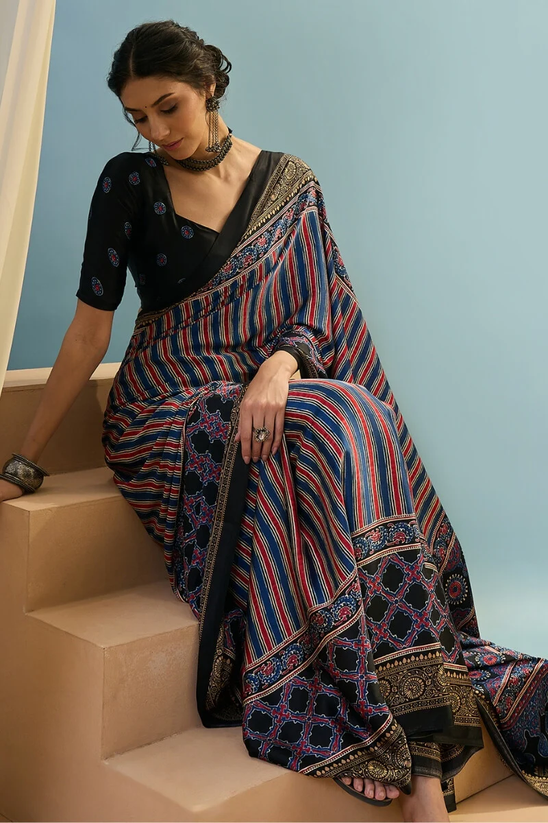 Ethereal Navy Blue Ajrakh Printed Semi Modal Silk Saree With Charming Blouse Piece - Image 2