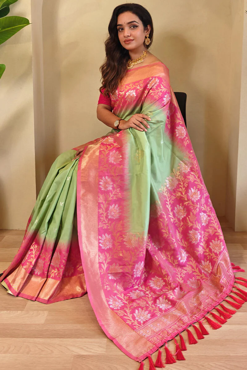 Ethereal Pista Soft Banarasi Silk Saree With Quixotic Blouse Piece - Image 2