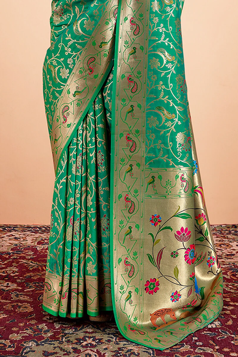 Ethnic Green Paithani Silk Saree With Ravishing Blouse Piece - Image 4