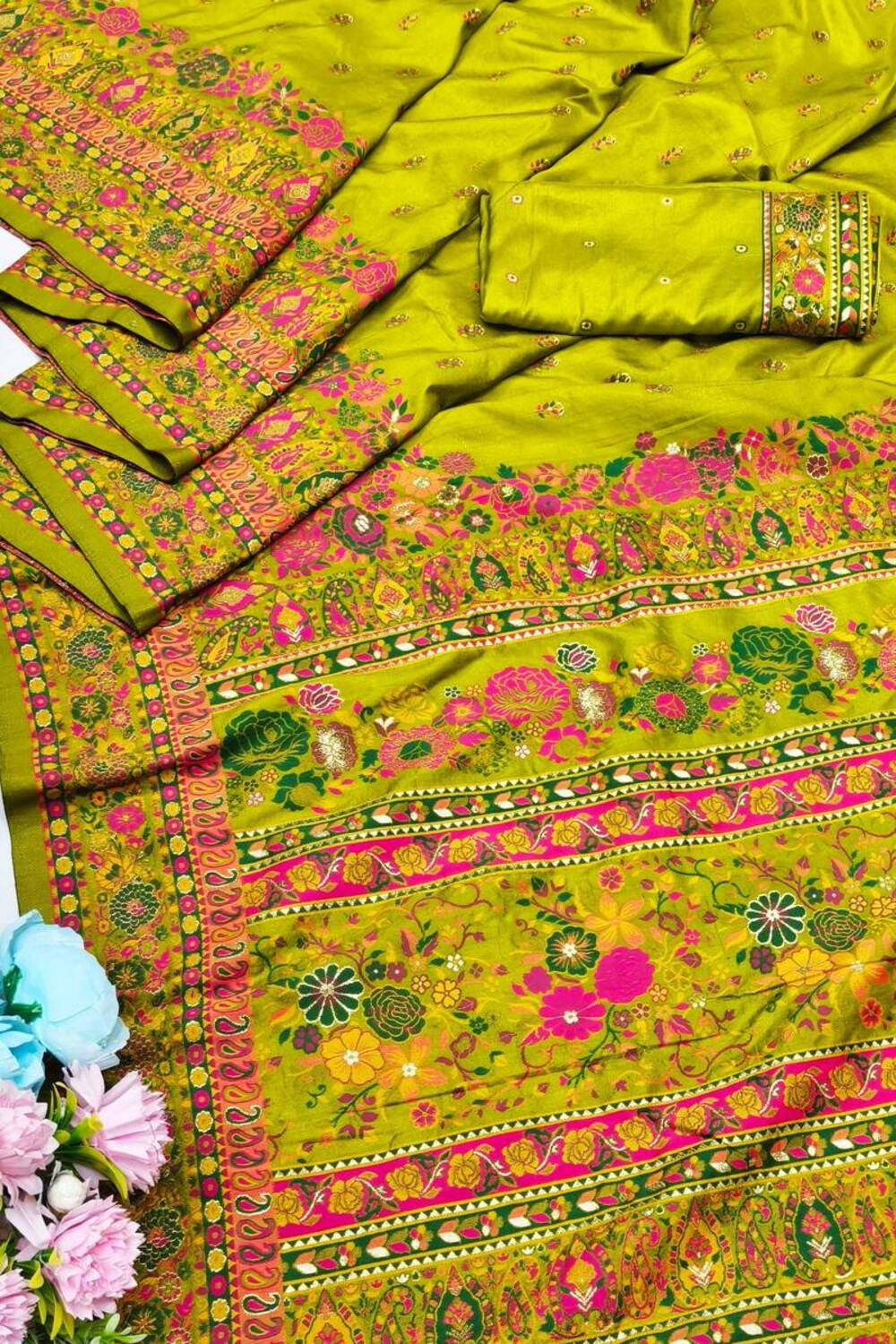 Ethnic Mehndi Nylon Dola Pashmina Saree With Quixotic Blouse Piece - Image 3