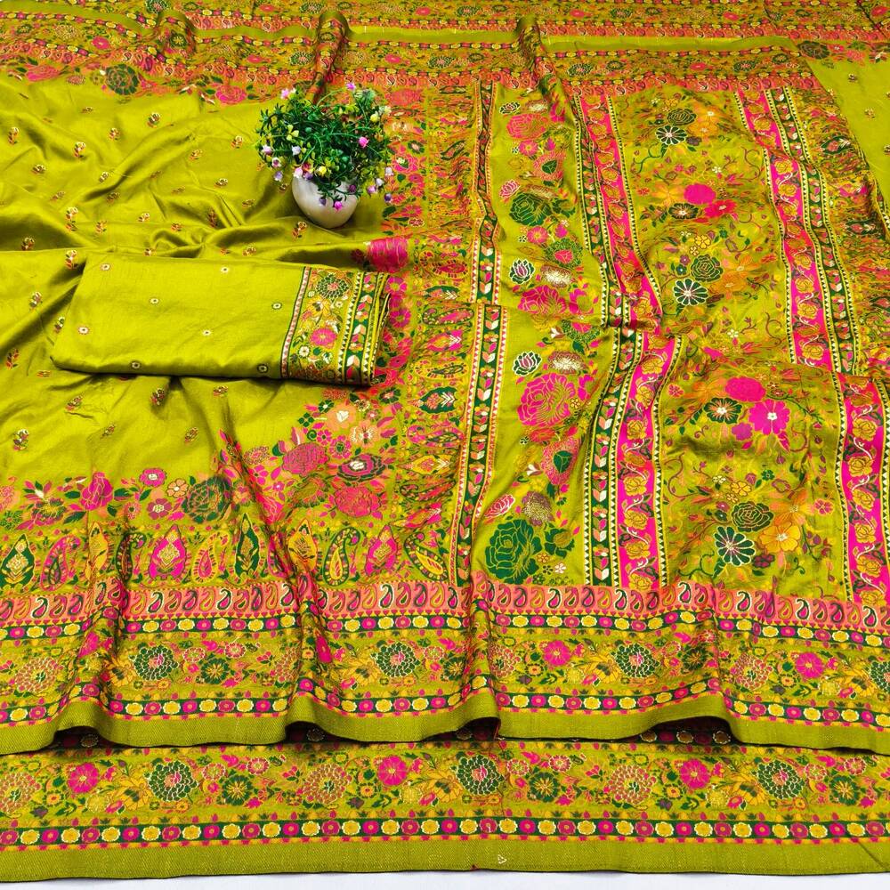 Ethnic Mehndi Nylon Dola Pashmina Saree With Quixotic Blouse Piece - Image 4