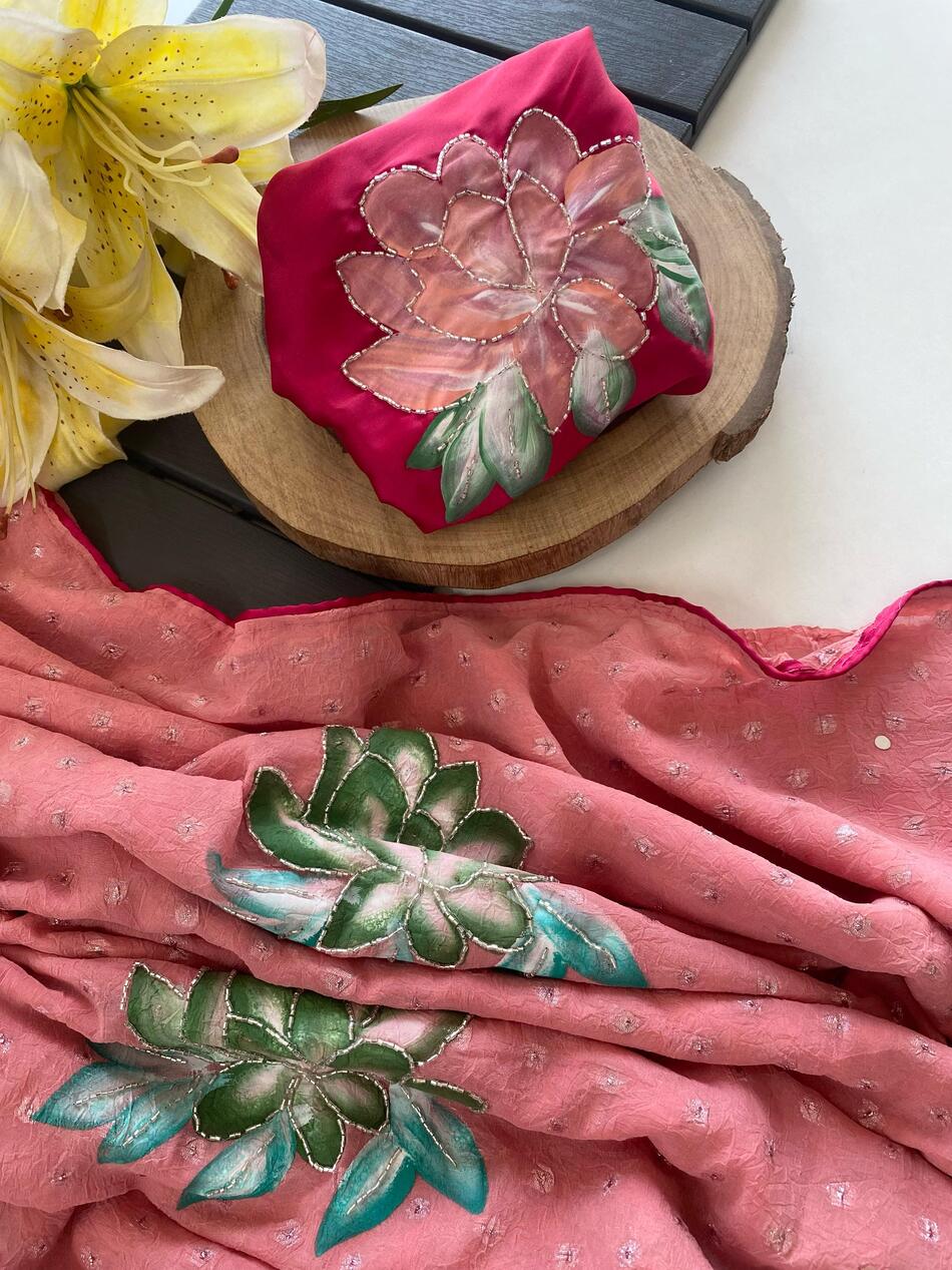 Ethnic Pink Handwork Crush Chiffon Silk Saree With Hypnotic Blouse Piece - Image 3