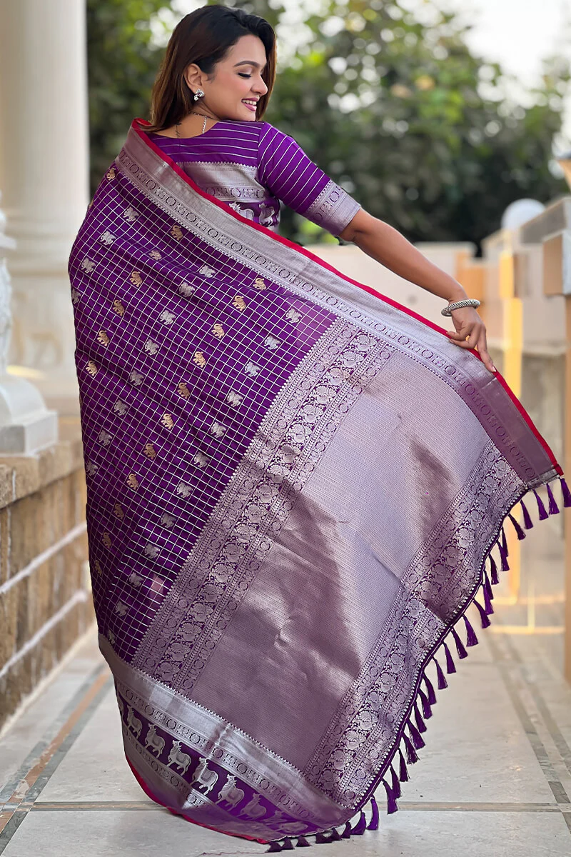 Ethnic Purple Soft Banarasi Silk Saree With Nemesis Blouse Piece - Image 4
