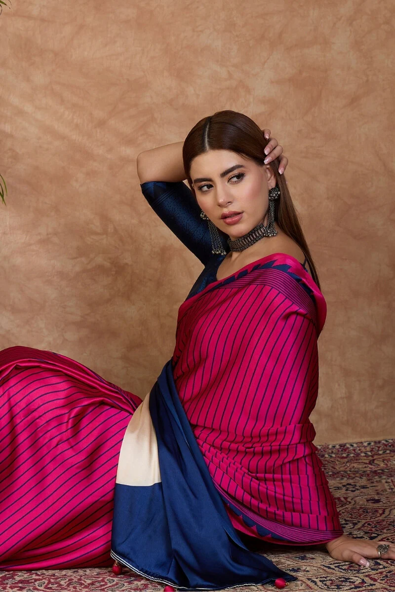 Evanescent Dark Pink Ajrakh Printed Semi Modal Silk Saree With Energetic Blouse Piece - Image 2
