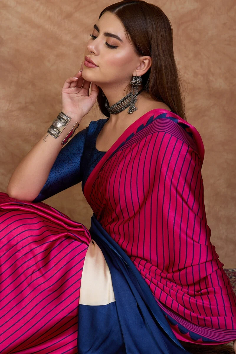 Evanescent Dark Pink Ajrakh Printed Semi Modal Silk Saree With Energetic Blouse Piece - Image 4
