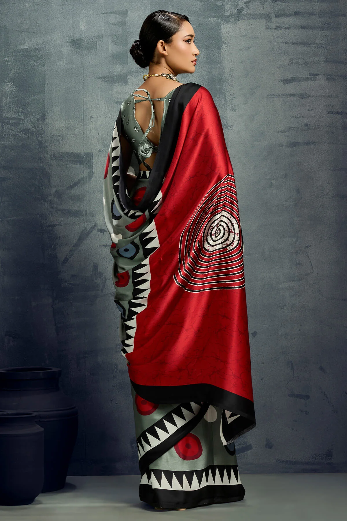 Evanescent Grey Ajrakh Printed Satin Silk Saree With Tremendous Blouse Piece - Image 5