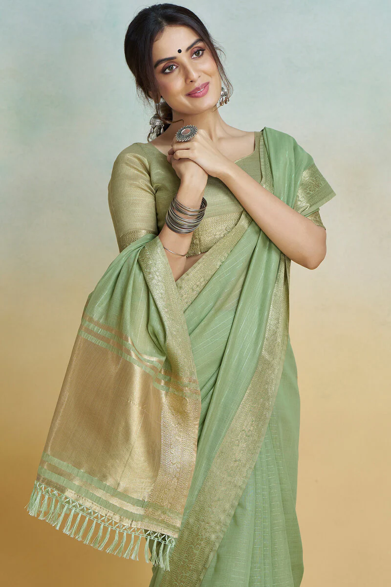 Evanescent Pista Cotton Silk Saree With Confounding Blouse Piece - Image 2