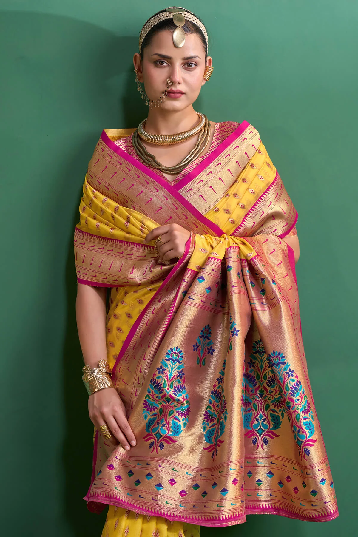 Evanescent Yellow Organza Paithani Silk Saree With Ephemeral Blouse Piece - Image 2