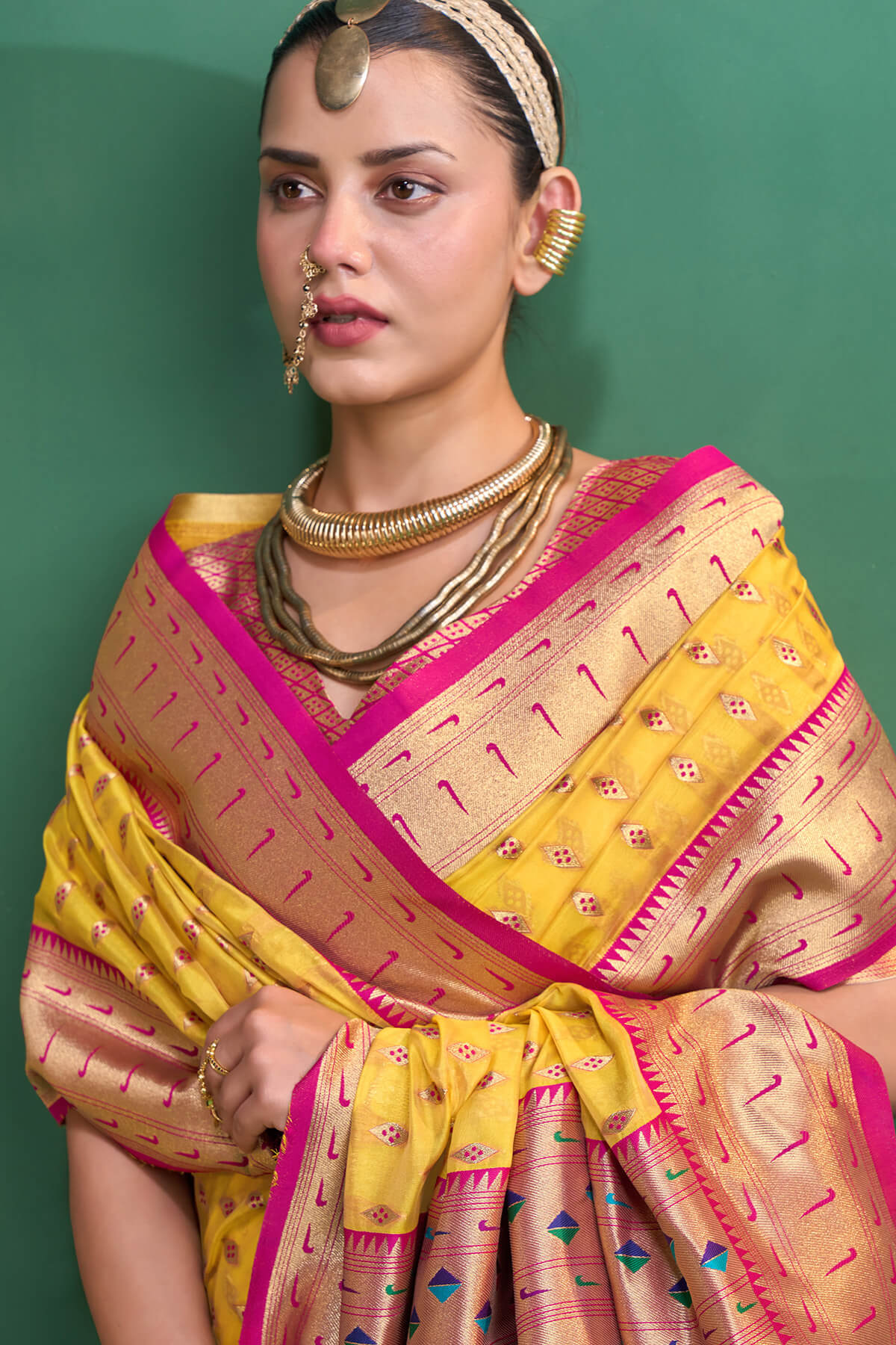 Evanescent Yellow Organza Paithani Silk Saree With Ephemeral Blouse Piece - Image 4