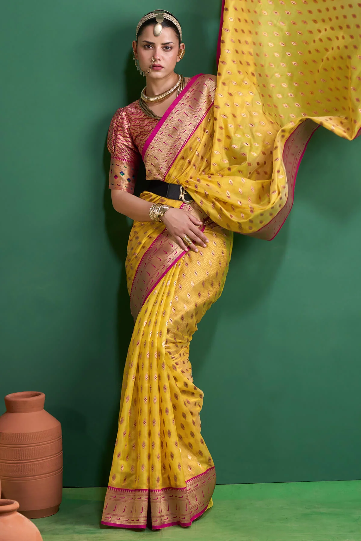 Evanescent Yellow Organza Paithani Silk Saree With Ephemeral Blouse Piece - Image 5