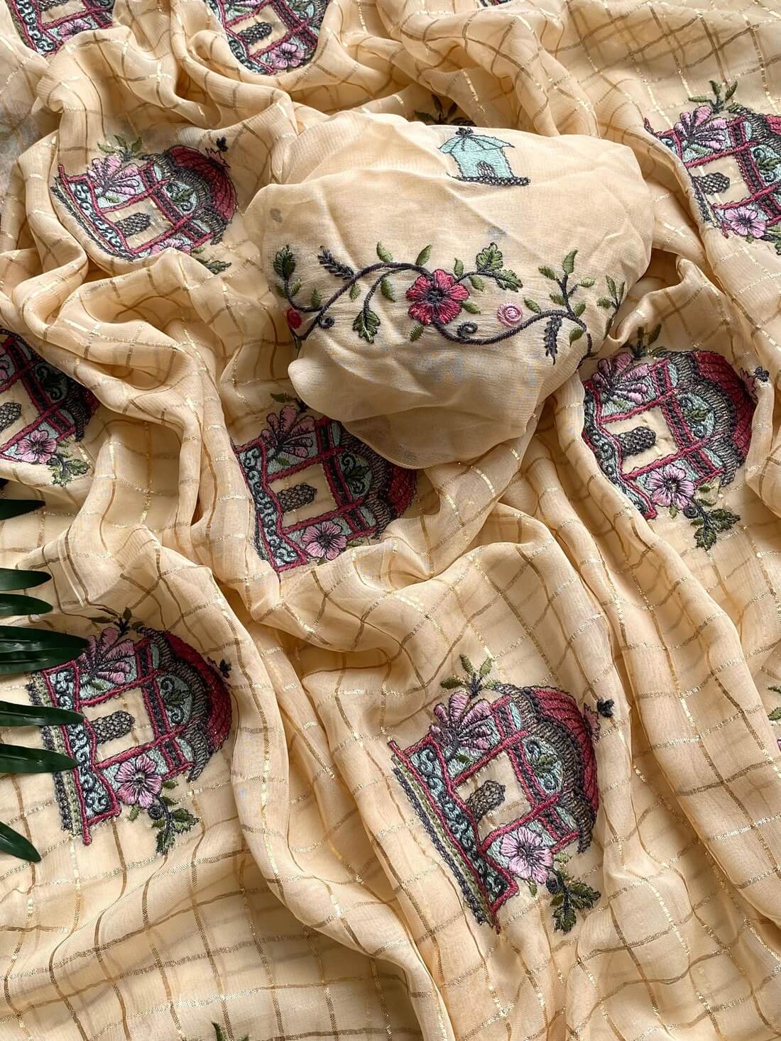 Evocative Beige Embroidery Work Georgette Saree With Redolent Blouse Piece - Image 3