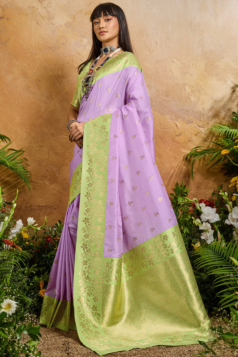 Evocative Lavender Pure Zari Weaving Banarasi Silk Saree With Sophisticated Blouse Piece - Image 3