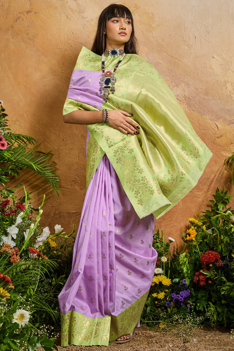 Evocative Lavender Pure Zari Weaving Banarasi Silk Saree With Sophisticated Blouse Piece - Image 6