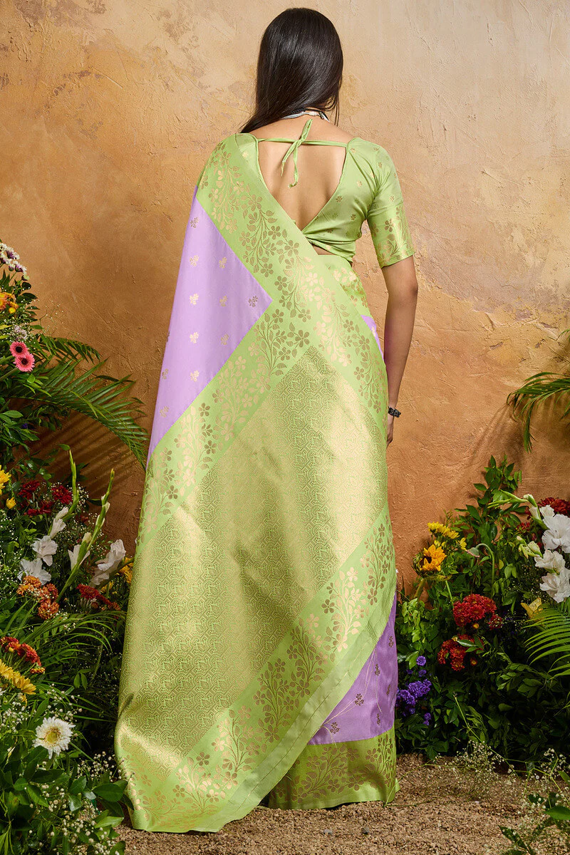 Evocative Lavender Pure Zari Weaving Banarasi Silk Saree With Sophisticated Blouse Piece - Image 7
