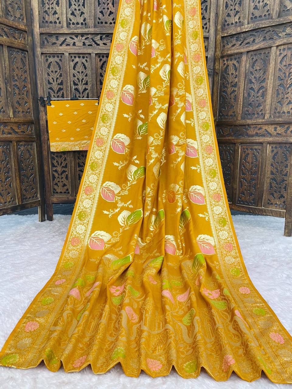 Evocative Mustard Banarasi Dola Silk Saree With Ethereal Blouse Piece - Image 2
