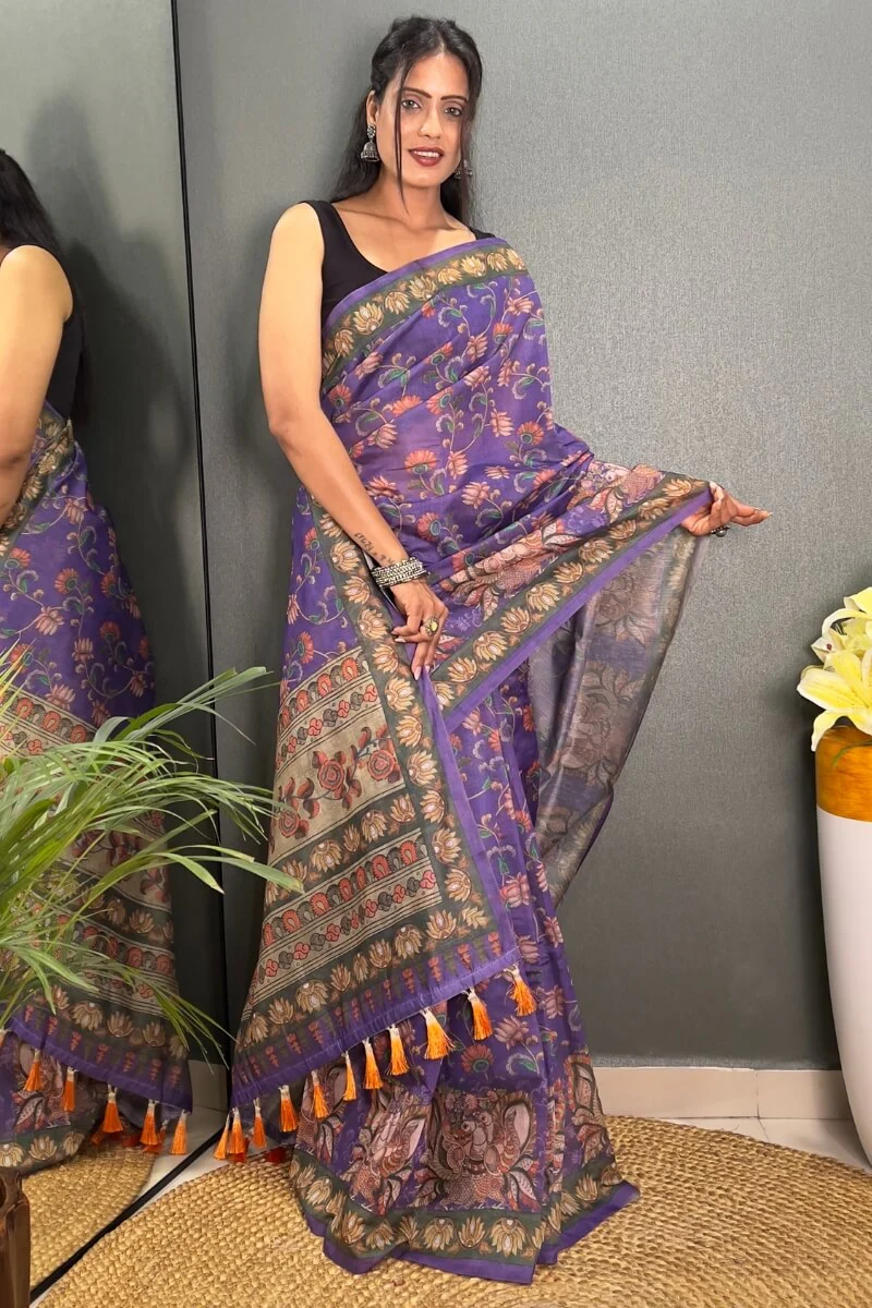 Evocative Purple Kalamkari Printed Saree With Lagniappe Blouse Piece - Image 2