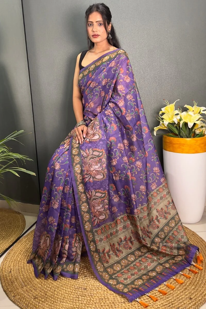 Evocative Purple Kalamkari Printed Saree With Lagniappe Blouse Piece - Image 3