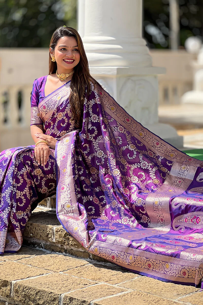 Evocative Royal Purple Soft Banarasi Silk Saree With Moiety Blouse Piece - Image 2