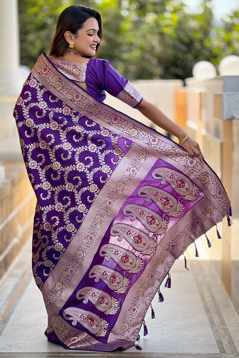 Evocative Royal Purple Soft Banarasi Silk Saree With Moiety Blouse Piece - Image 4