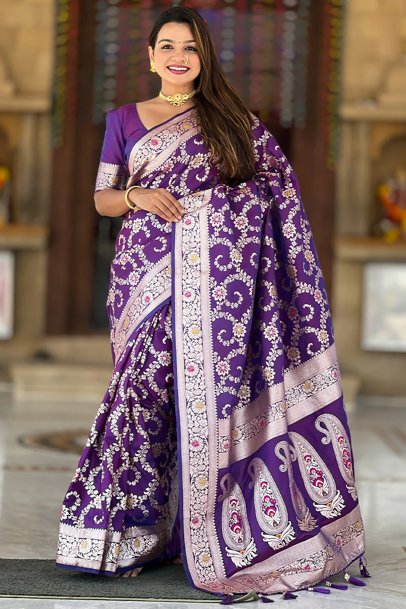 Evocative Royal Purple Soft Banarasi Silk Saree With Moiety Blouse Piece - Image 7