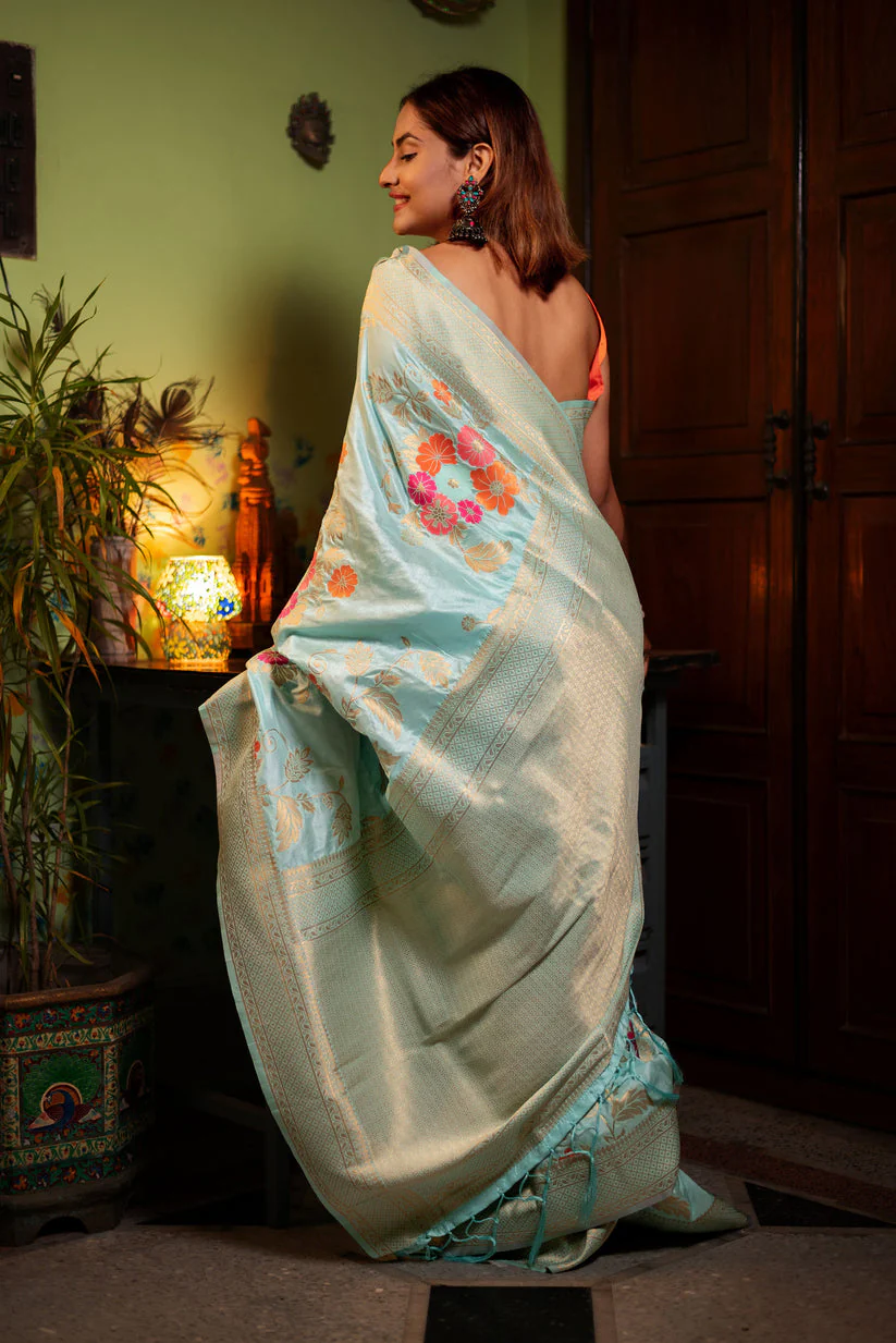 Evocative Sky Soft Banarasi Silk Saree With Petrichor Blouse Piece - Image 6