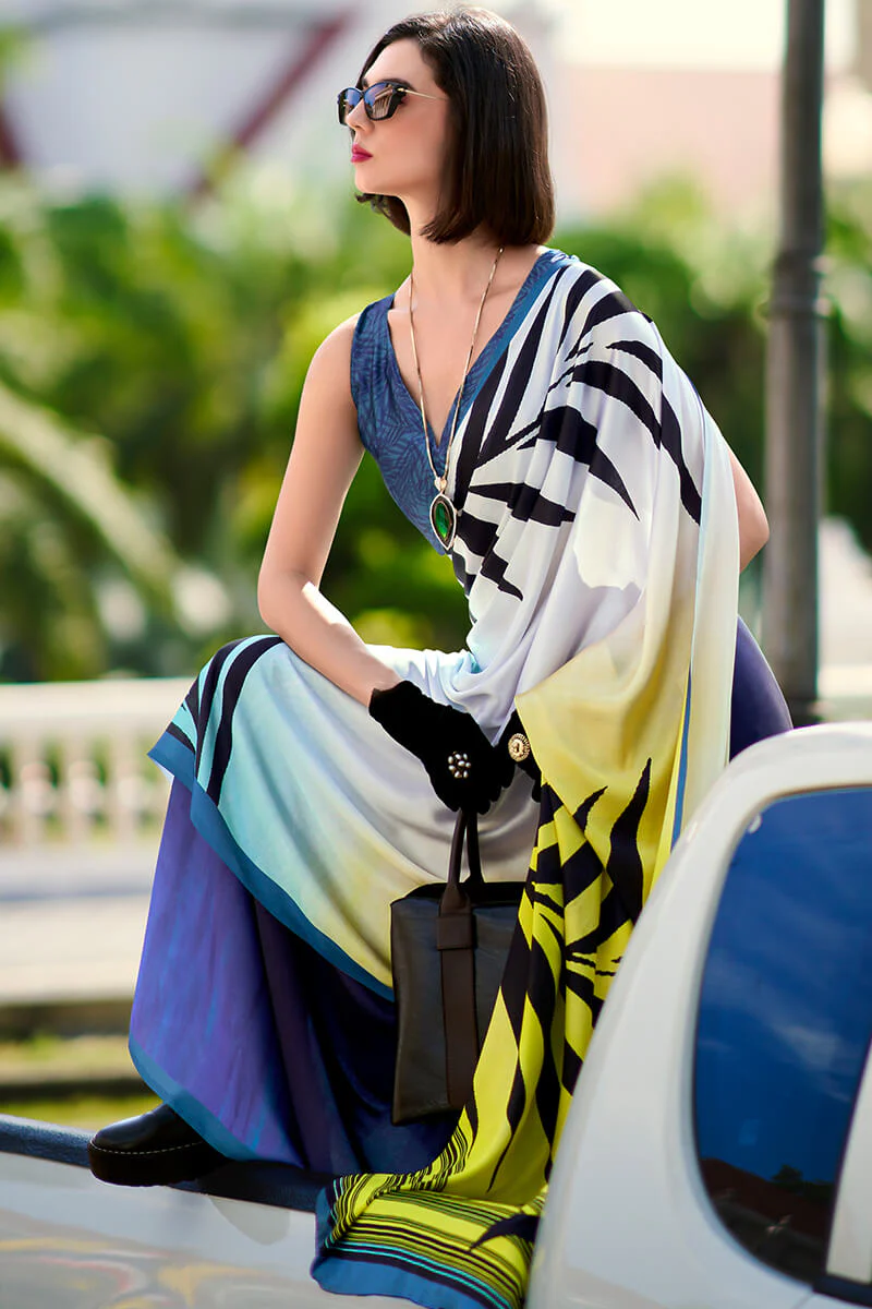 Evocative Yellow and Blue Digital Printed Satin Silk Saree With Susurrous Blouse Piece - Image 3