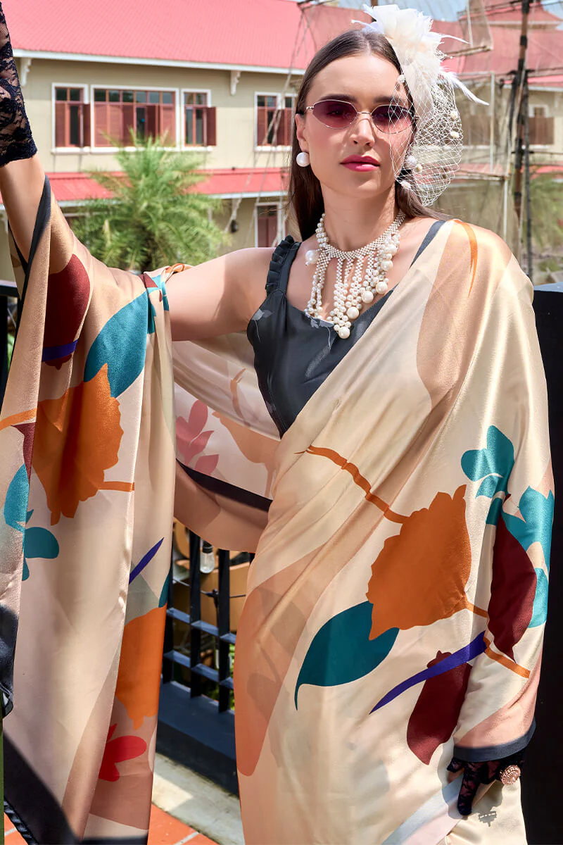 Excellent Beige Digital Printed Satin Silk Saree With Effervescent Blouse Piece - Image 2