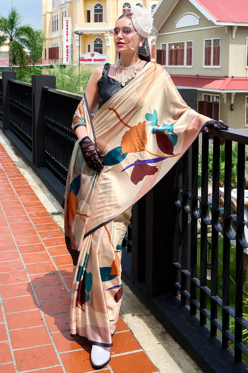 Excellent Beige Digital Printed Satin Silk Saree With Effervescent Blouse Piece - Image 3