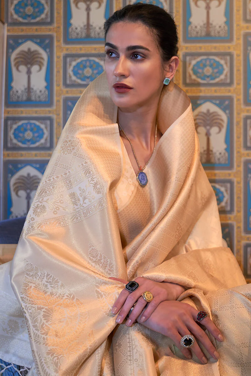 Excellent Beige Kanjivaram Silk Saree With Effervescent Blouse Piece - Image 2