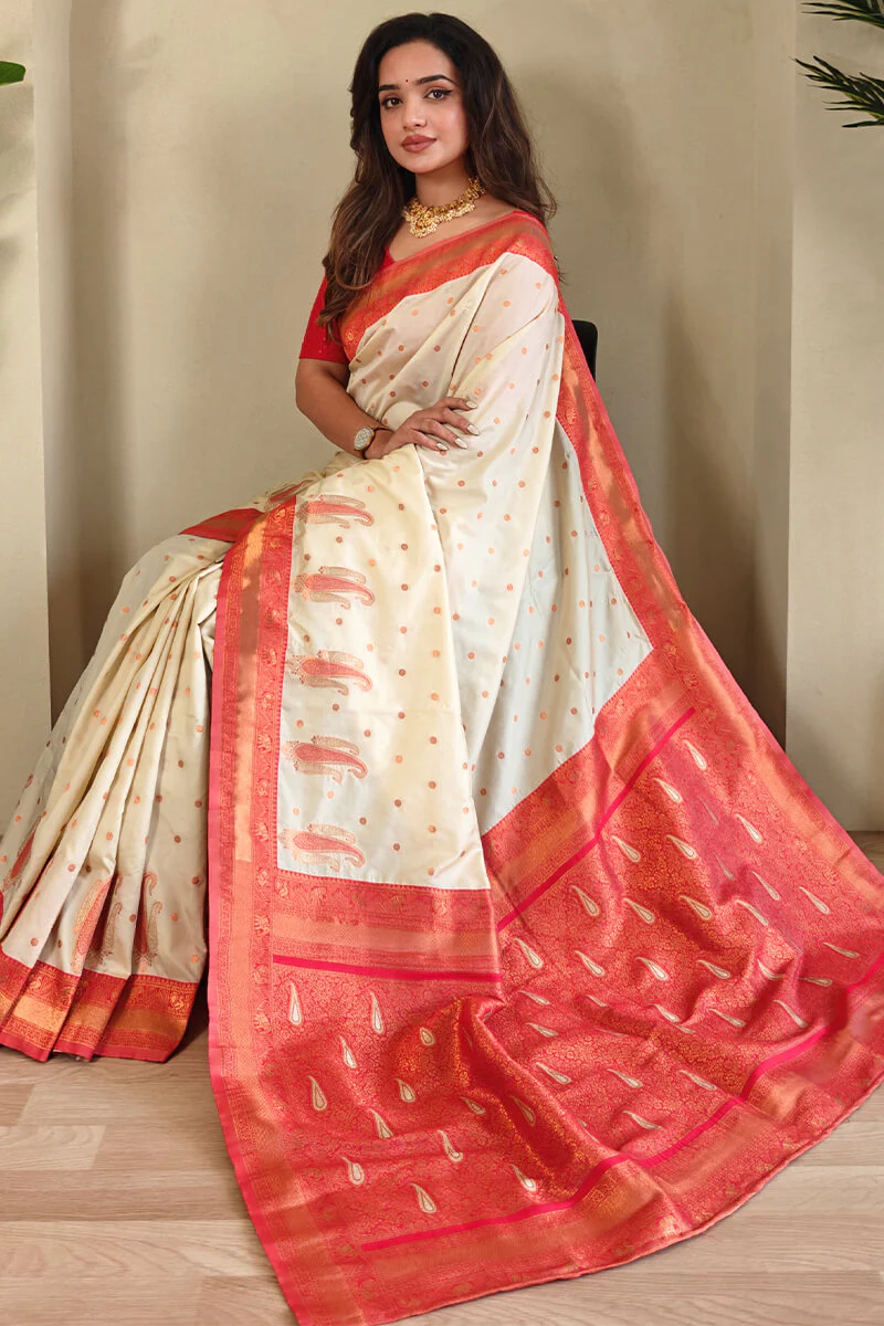 Excellent Beige Soft Banarasi Silk Saree With Demesne Blouse Piece - Image 2