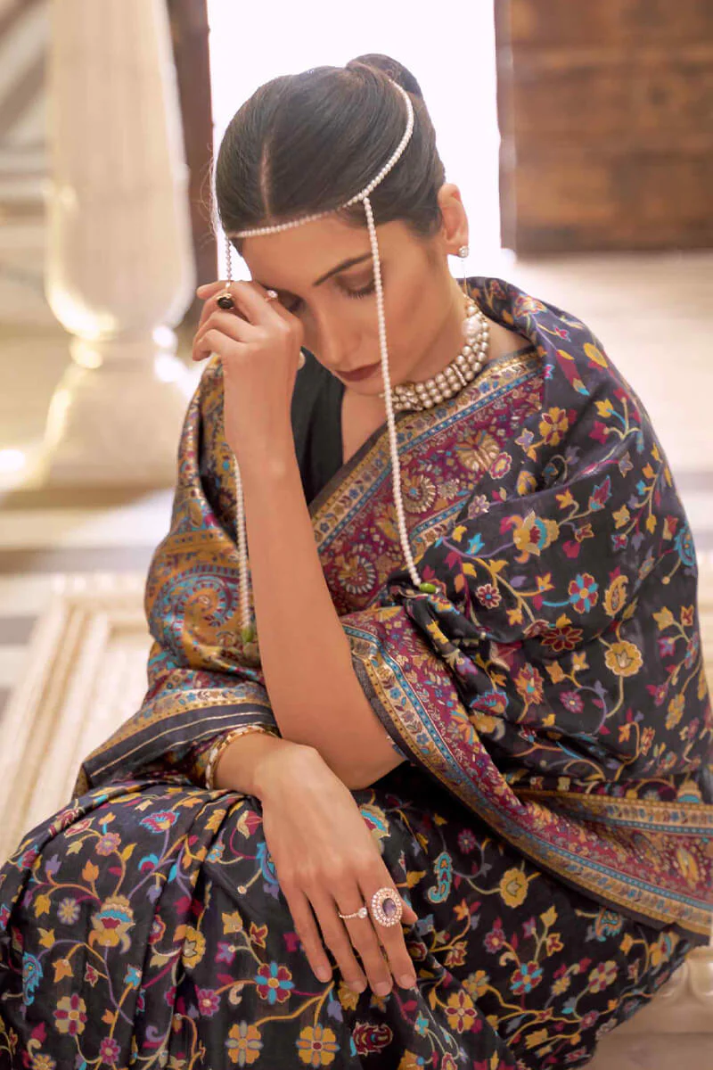Excellent Black Pashmina saree With Assemblage Blouse Piece - Image 2