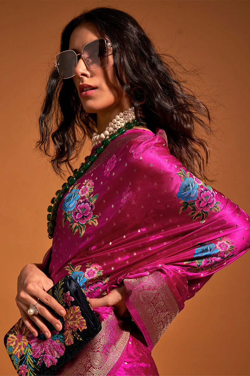 Excellent Dark Pink Banarasi Satin Silk Saree With Efflorescence Blouse - Image 2