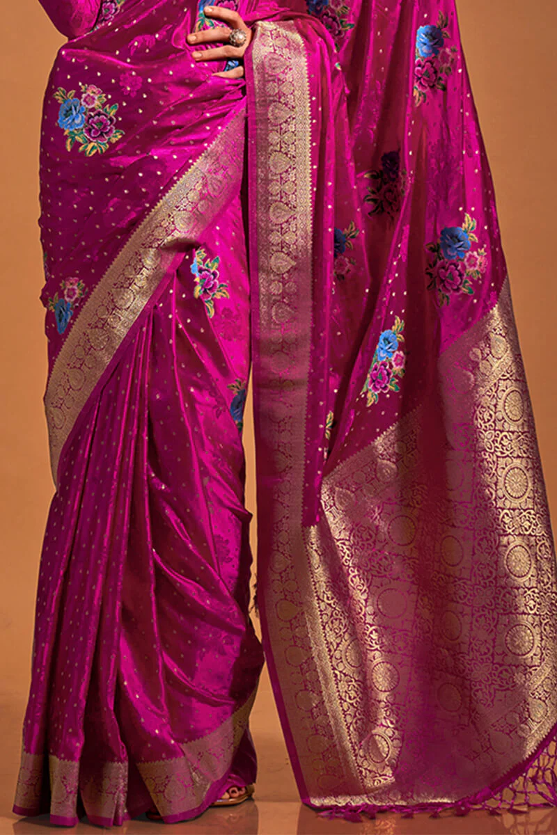 Excellent Dark Pink Banarasi Satin Silk Saree With Efflorescence Blouse - Image 3