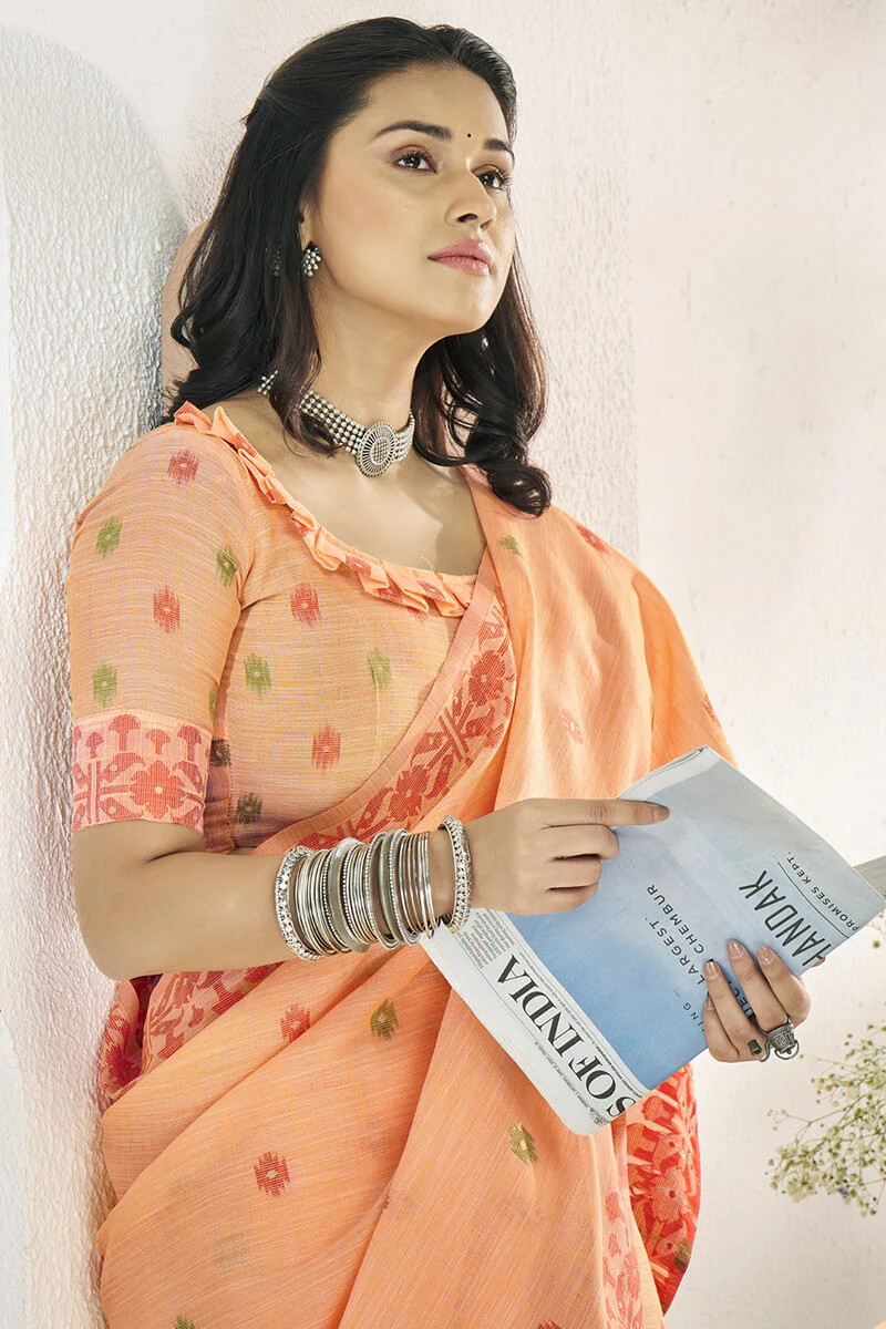 Excellent Peach Cotton Silk Saree With Demesne Blouse Piece - Image 3