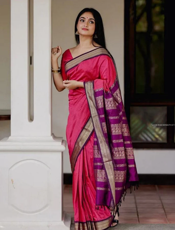 Excellent Pink Soft Banarasi Silk Saree With Murmurous Blouse Piece - Image 3