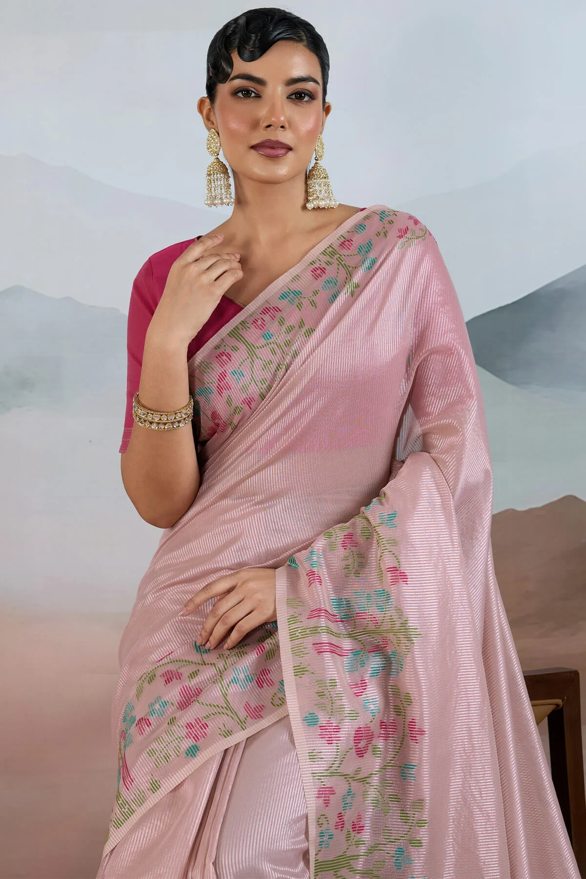 Excellent Pink Soft Banarasi Tissue Silk Saree With Dissemble Blouse Piece - Image 4