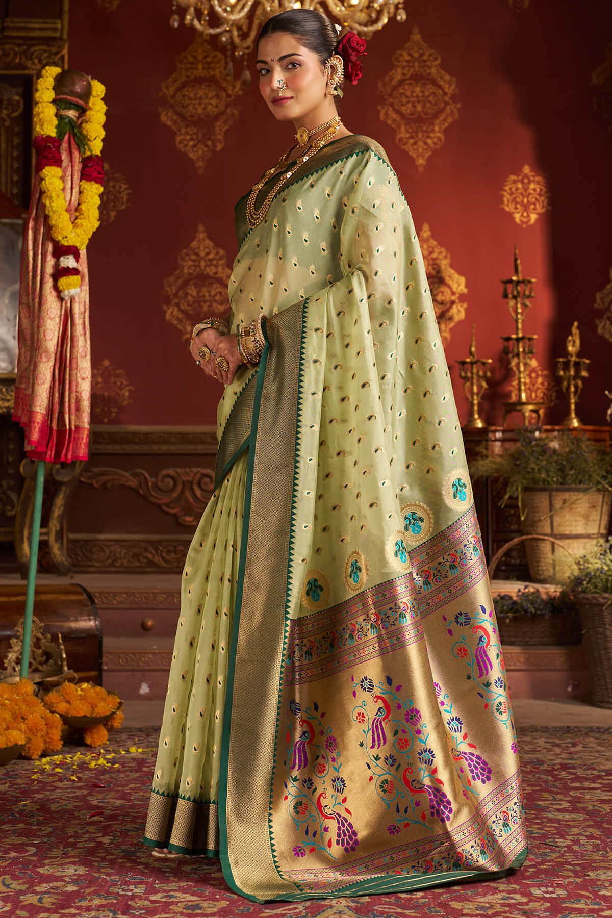 Excellent Pista Organza Paithani Silk Saree With Exceptional Blouse Piece - Image 4