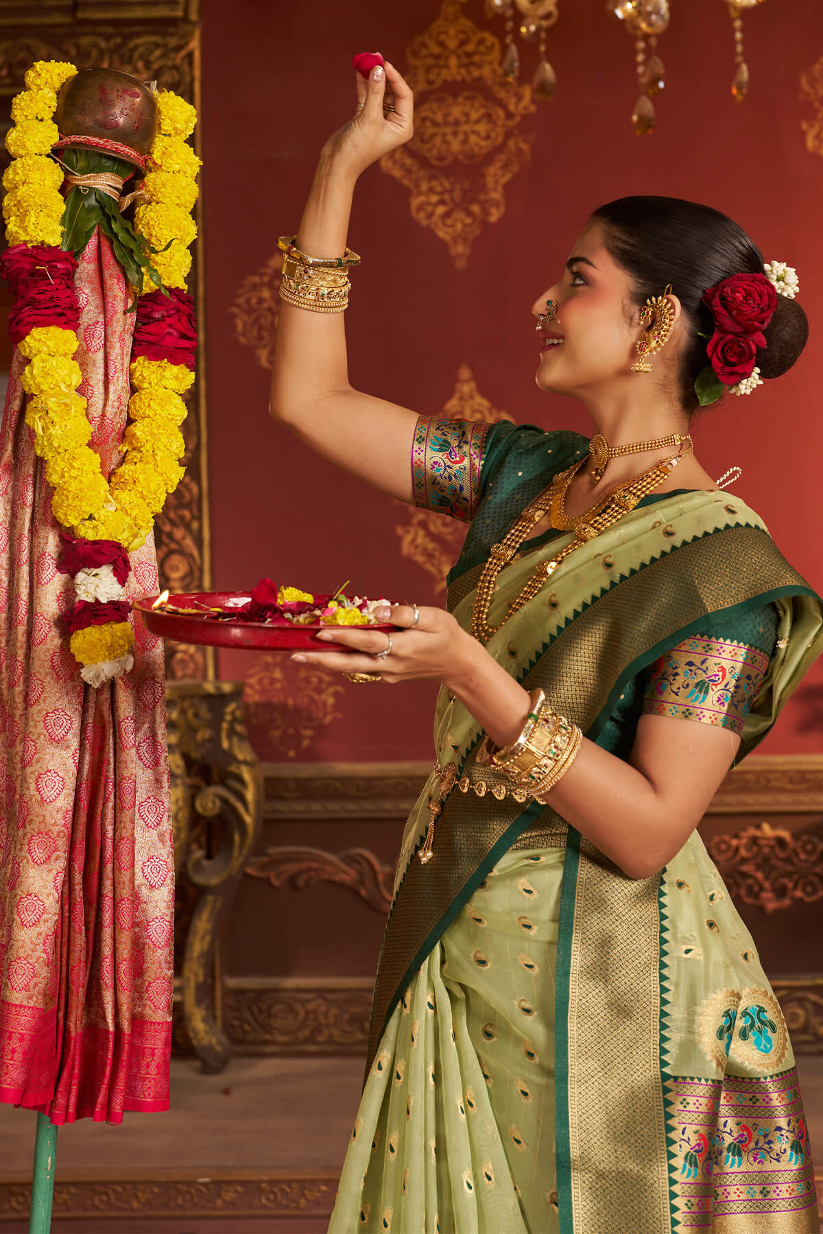 Excellent Pista Organza Paithani Silk Saree With Exceptional Blouse Piece - Image 5