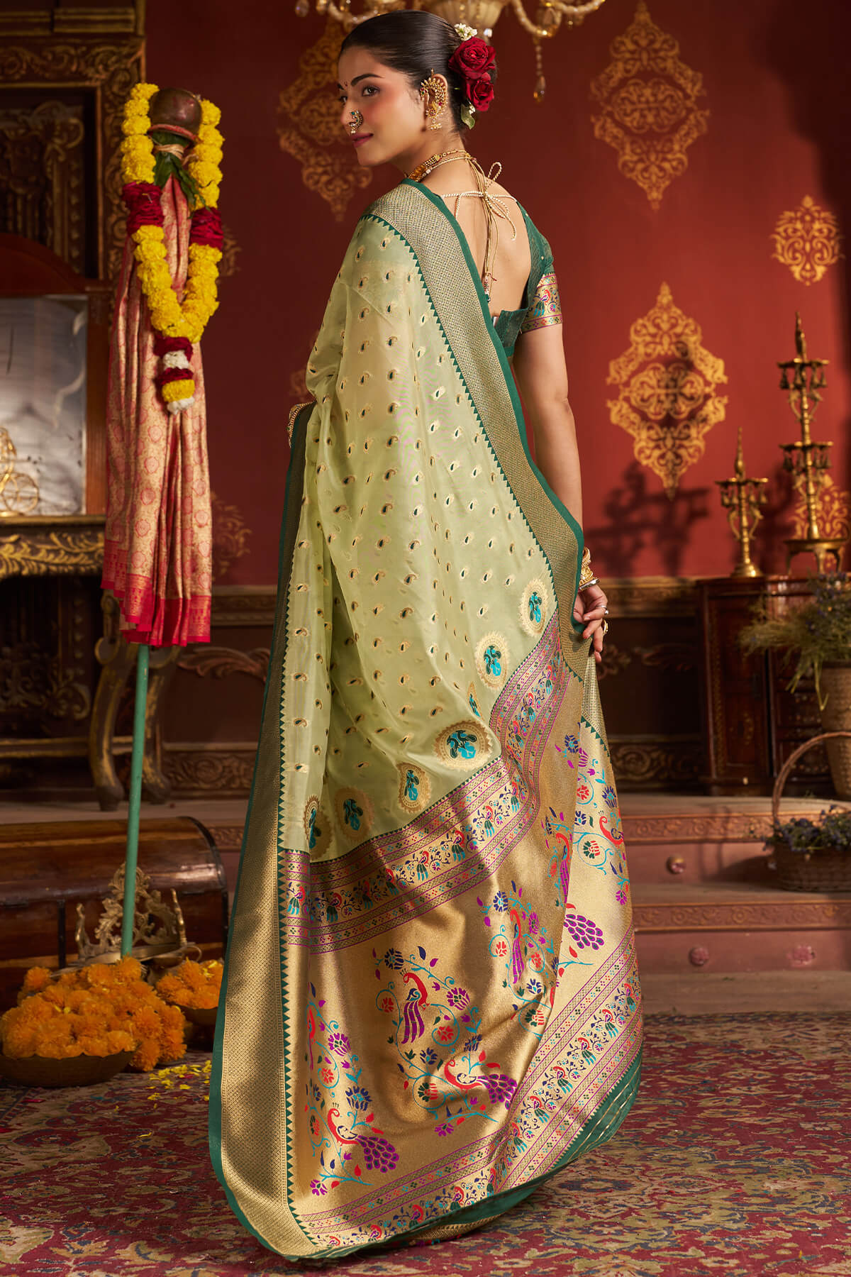 Excellent Pista Organza Paithani Silk Saree With Exceptional Blouse Piece - Image 6