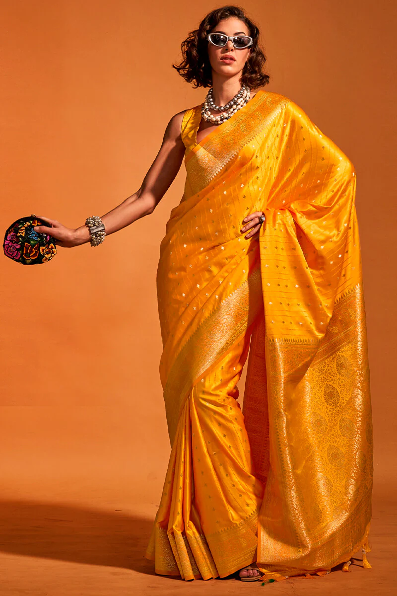 Excellent Yellow Soft Banarasi Silk Saree With Allure Blouse Piece - Image 2