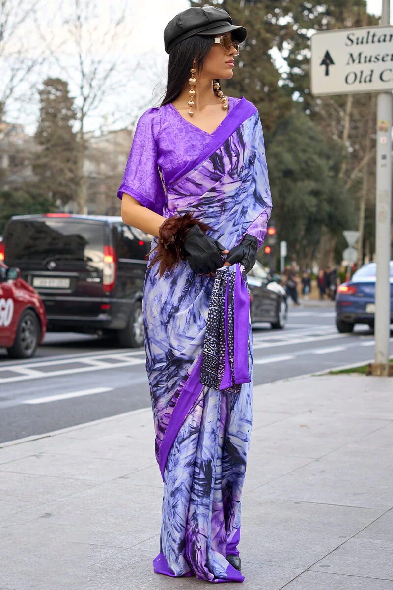 Exceptional Lavender Digital Printed Satin Silk Saree With Majesty Blouse Piece - Image 2