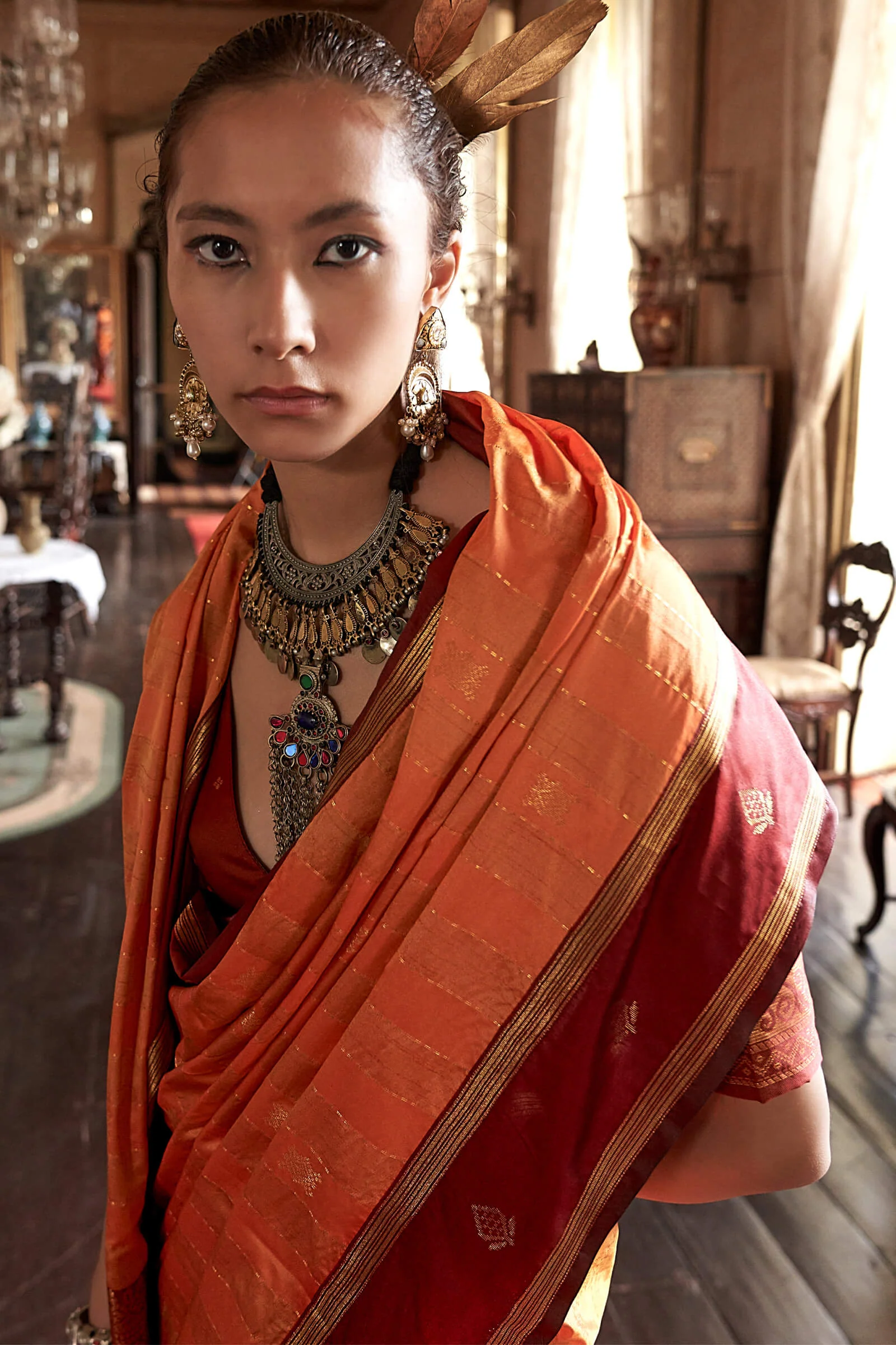 Exceptional Orange Banarasi Tussar Silk Saree With Imaginative Blouse Piece - Image 2
