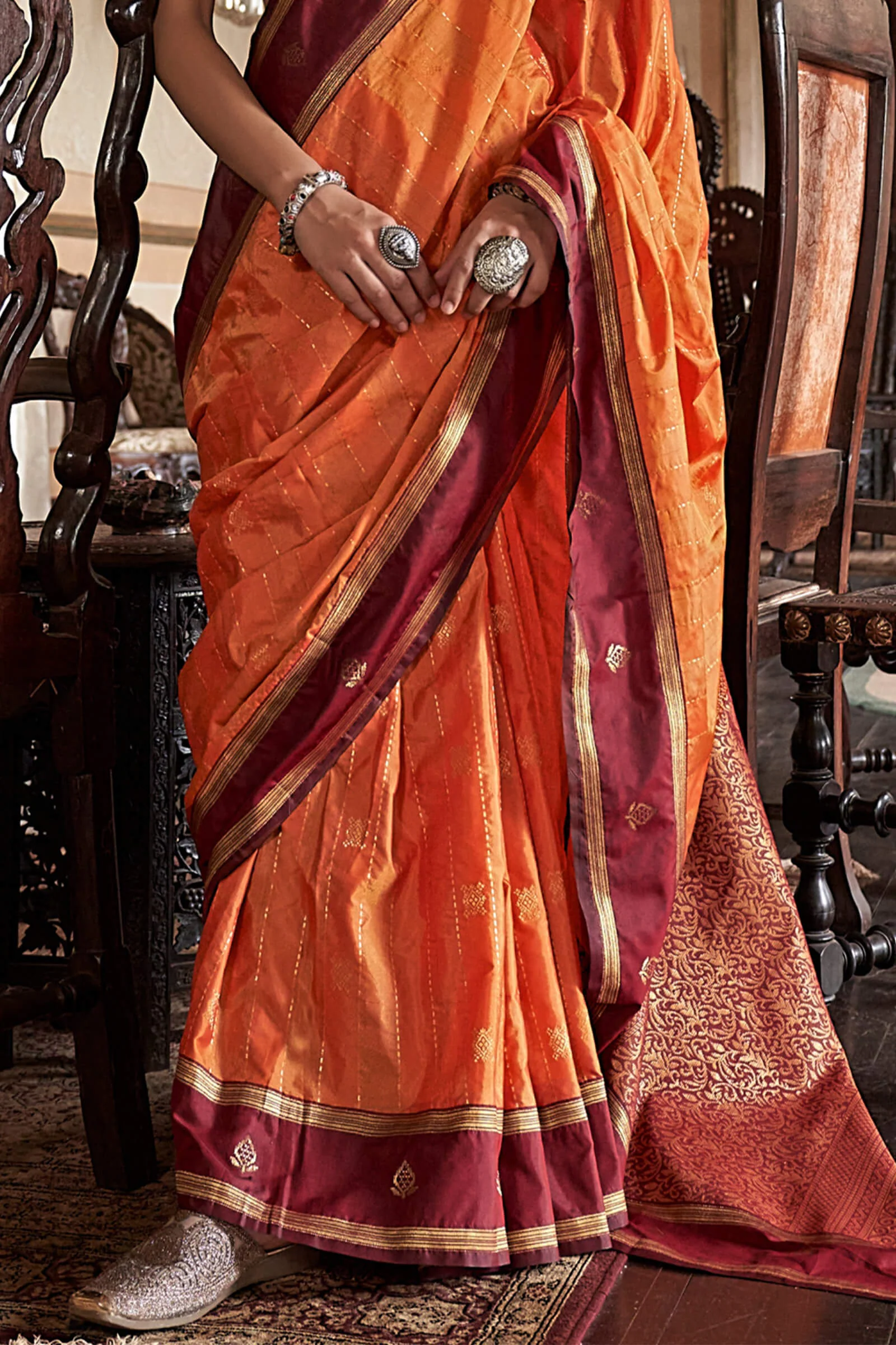 Exceptional Orange Banarasi Tussar Silk Saree With Imaginative Blouse Piece - Image 3