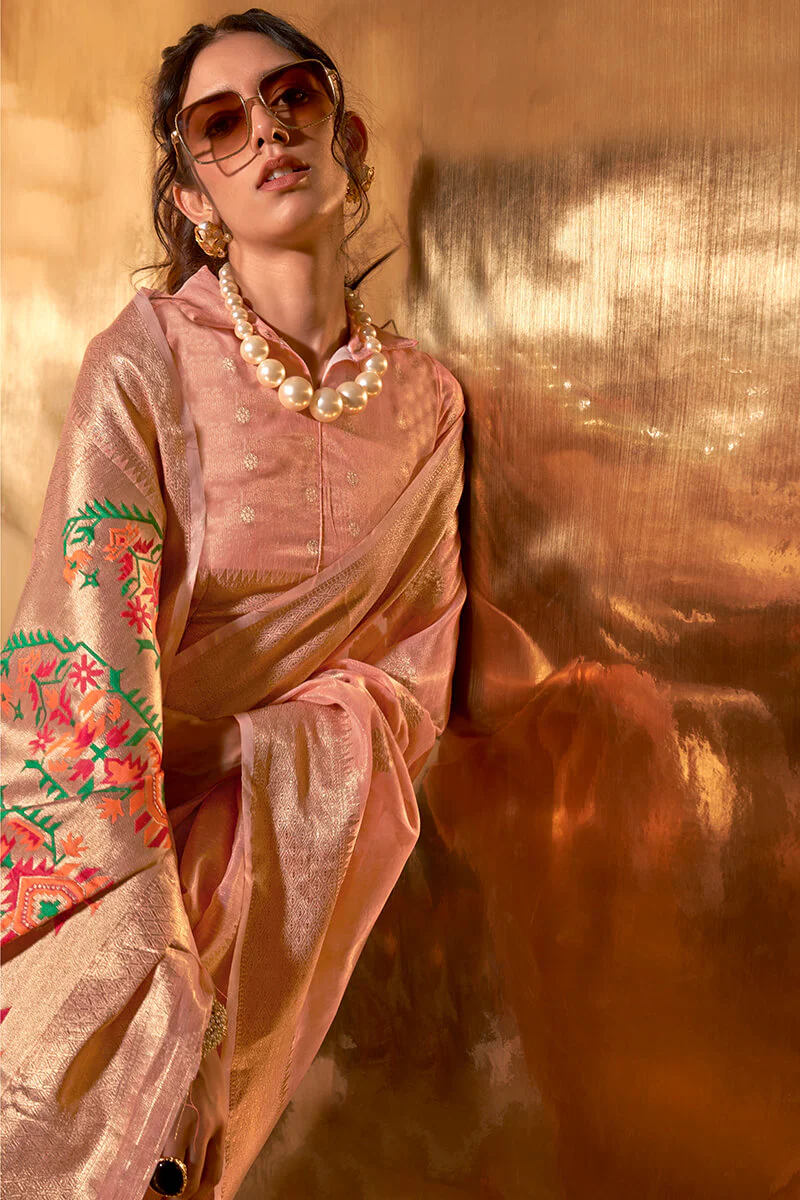 Exceptional Peach Paithani Silk Saree With Arresting Blouse Piece - Image 2