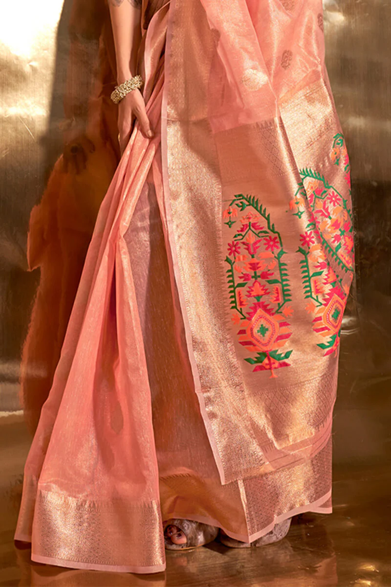 Exceptional Peach Paithani Silk Saree With Arresting Blouse Piece - Image 3