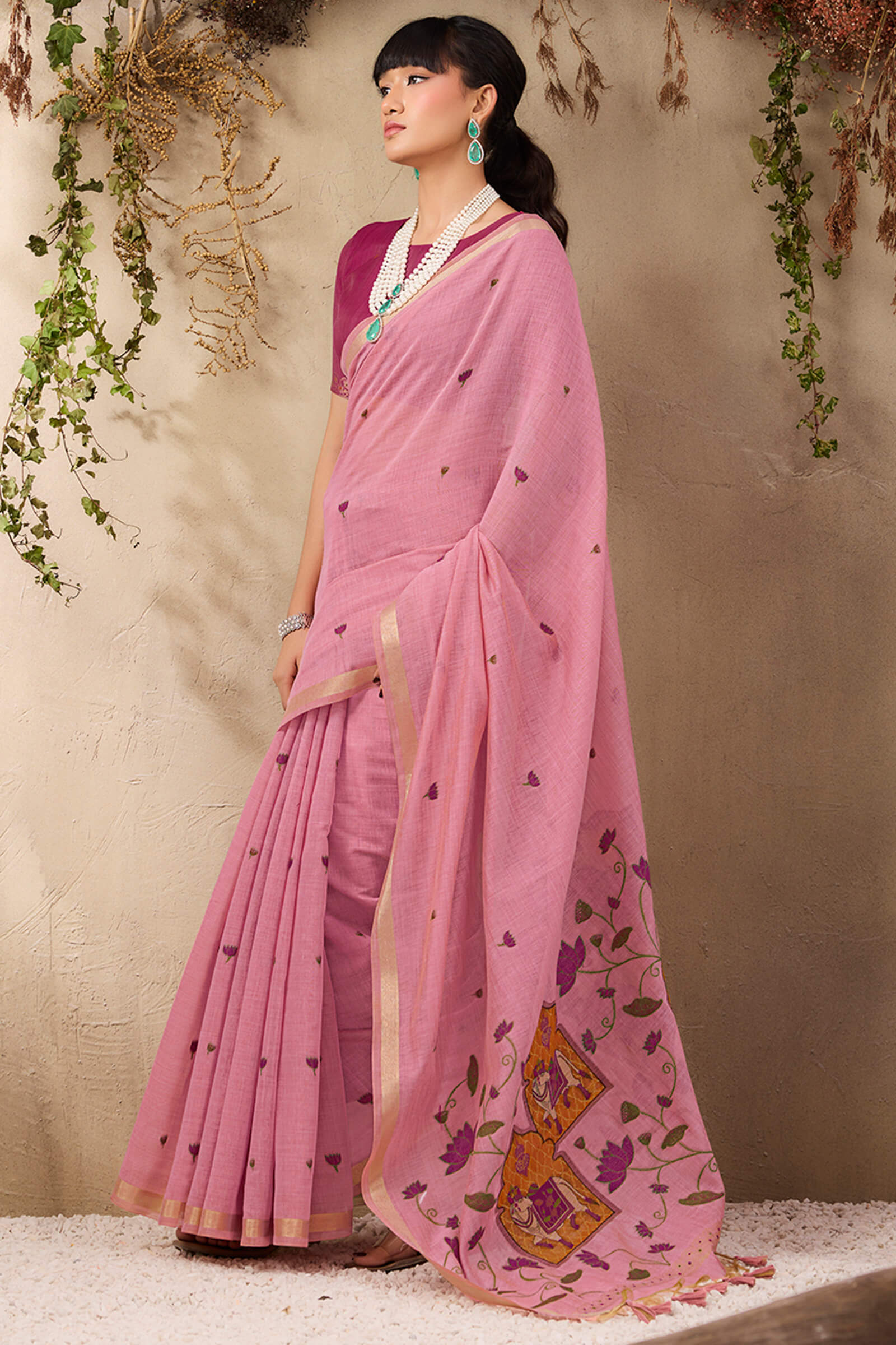 Exceptional Pink Cotton Silk Saree With Desirable Blouse Piece - Image 3