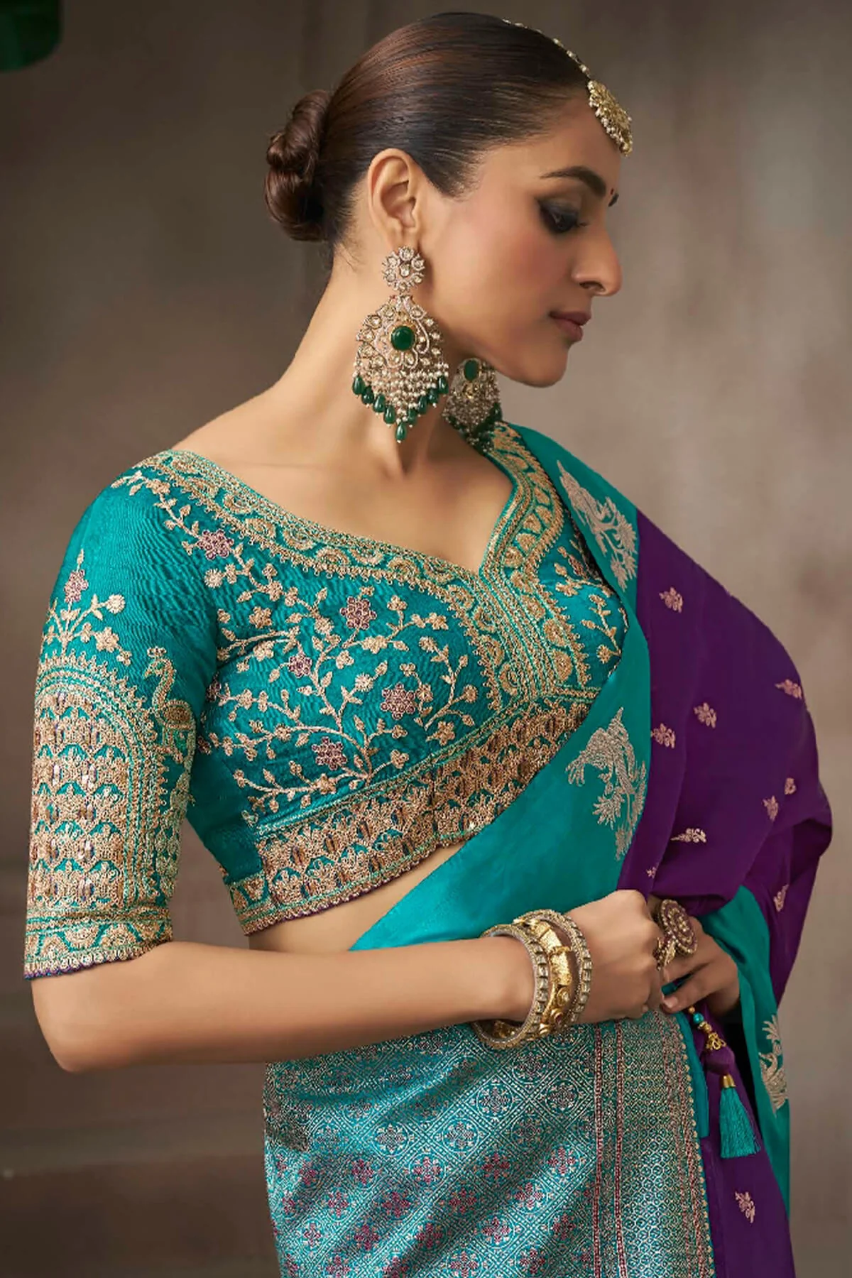 Exceptional Purple Banarasi Satin Silk Saree With Elision Blouse - Image 2