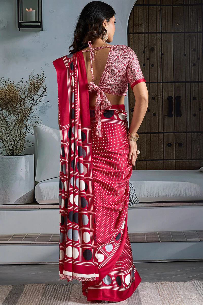 Exceptional Red Ajrakh Printed Satin Silk Saree With Scintillating Blouse Piece - Image 6