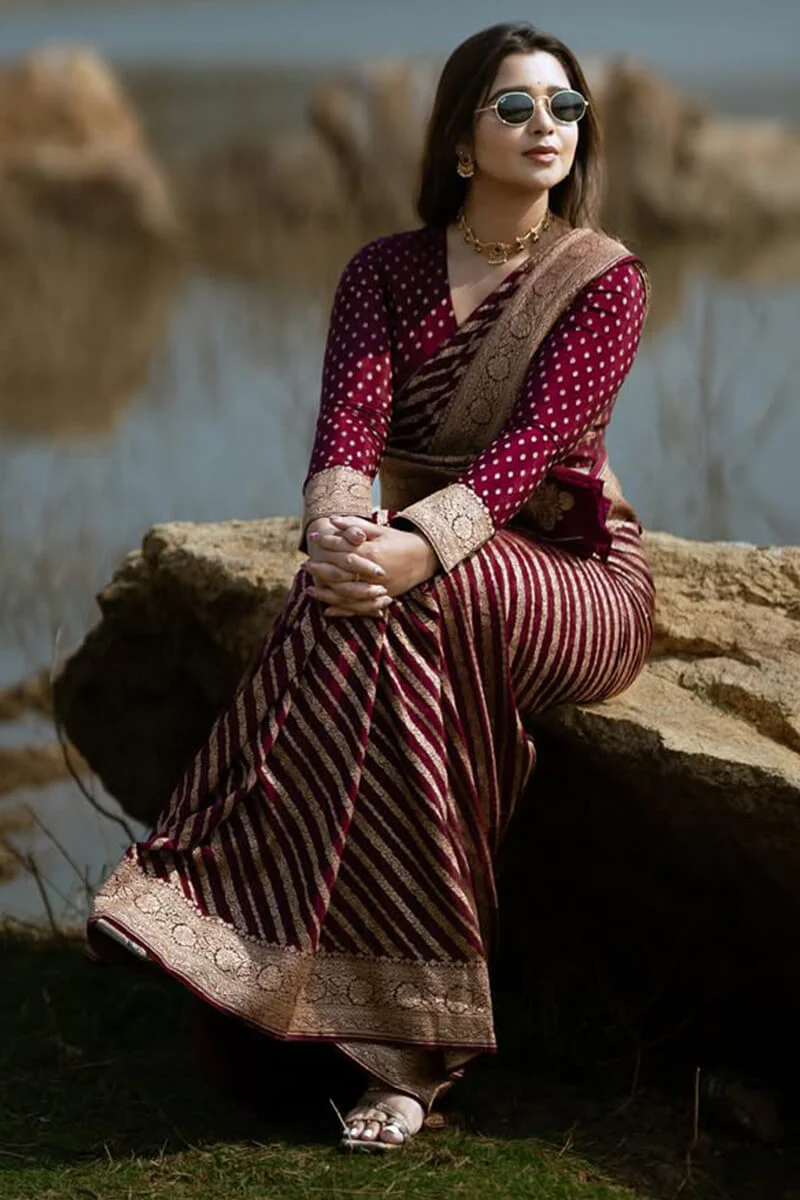 Exceptional Wine Soft Silk Saree With Cynosure Blouse Piece - Image 3