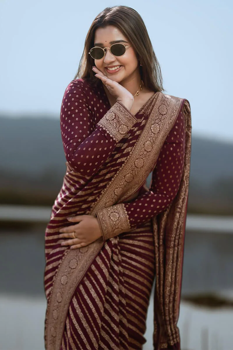 Exceptional Wine Soft Silk Saree With Cynosure Blouse Piece - Image 4